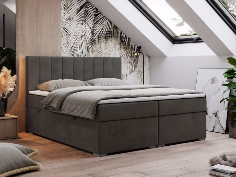 Letto boxspring 180x200, letto 180x200 con materasso e topper, letto boxspring con cassetti, letto matrimoniale - LOPE - 180x200 - Grigio scuro - Velvet - H3