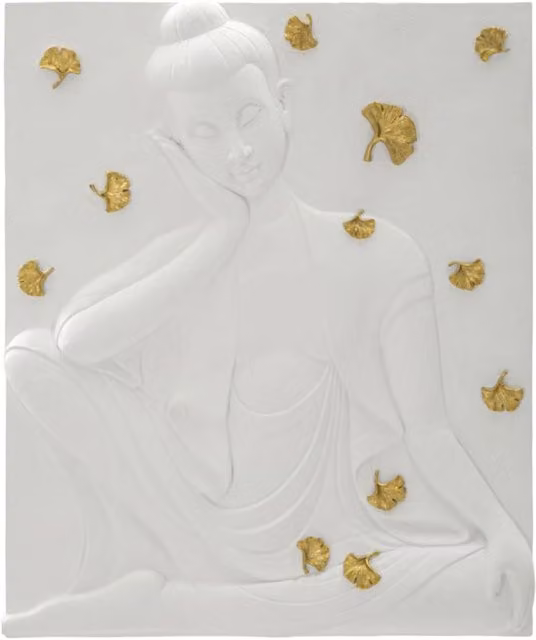 Pannello da parete Buddha Vikasa Home in resina bianca con foglie di ginkgo dorate e decorazioni floreali botaniche