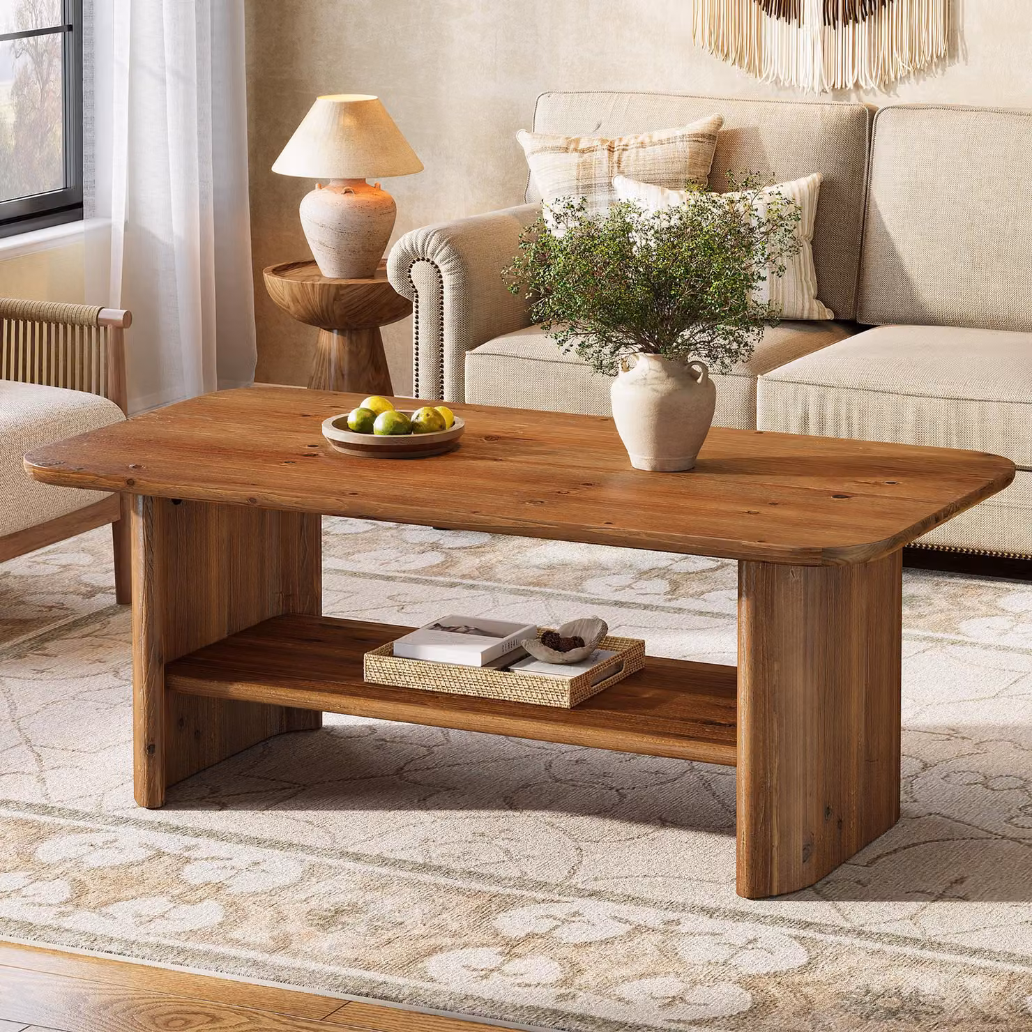 Tavolino da caffè, tavolino da 120 cm, tavolo da soggiorno in legno massiccio, tavolo da divano con spazio di archiviazione, per casa, appartamento, ufficio, marrone