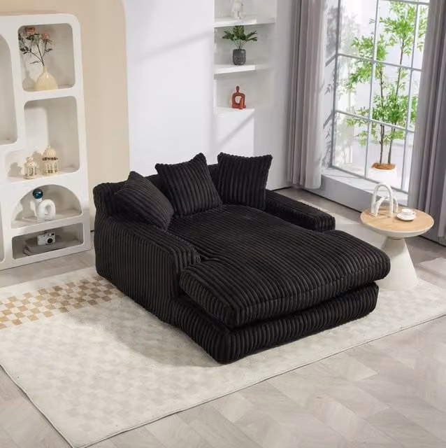 Chaise longue 125x155x63 cm con 3 cuscini; senza montaggio in corduroy nero