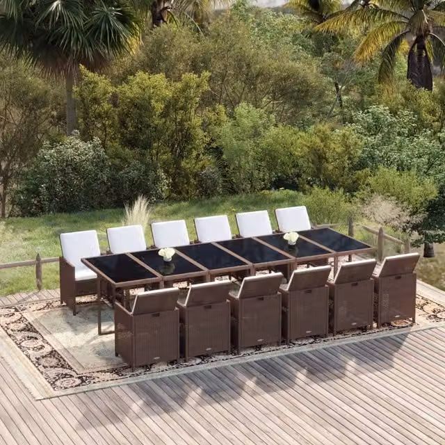 Set da pranzo per giardino vidaXL in polyrattan marrone con tavolo in vetro e 13 pezzi – 1