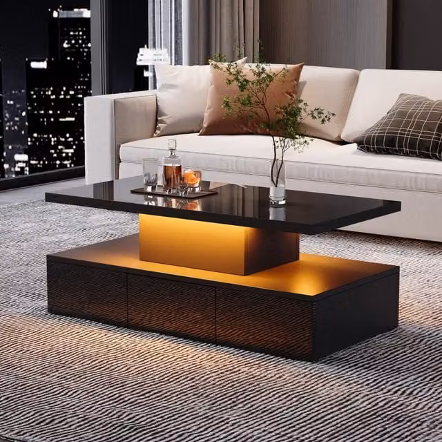 Tavolino basso OKWISH moderno con LED dimmerabile, 1 cassetto e vano aperto, finitura lucida, nero, L: 100 cm, P: 50 cm, H: 39 cm