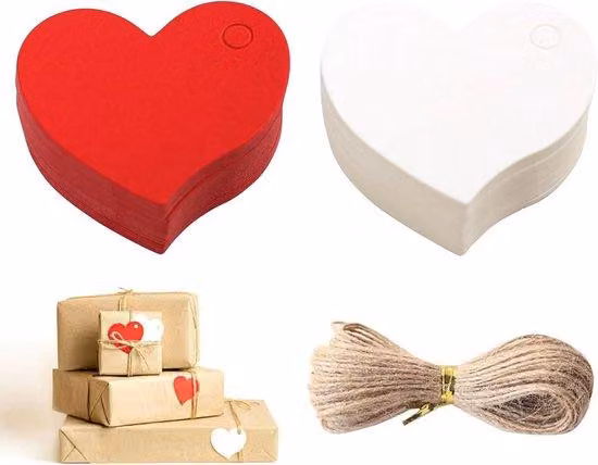 Piccoli ciondoli a forma di cuore in carta con cordoncino di canapa, 200 pezzi, decorazioni fai da te