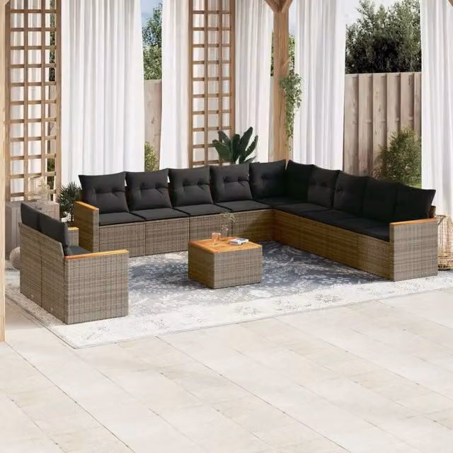 Set di divani da giardino vidaXL in polyrattan grigio con cuscini e tavolino da esterno moderno