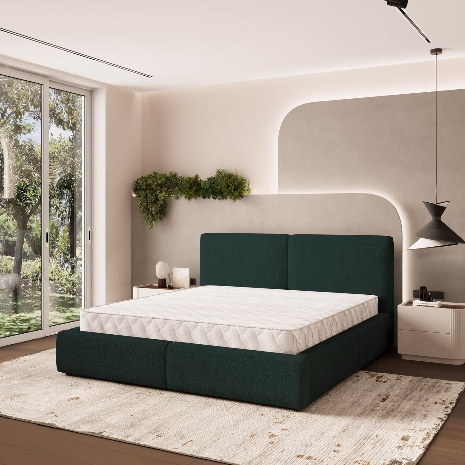 Letto imbottito Masseno FELURO 160x200 cm, letto imbottito con cassettiera -Verde, NEVE 37