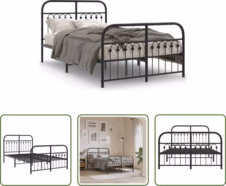 The Living Store Struttura letto con testiera e pediera in metallo nero 120x190 cm