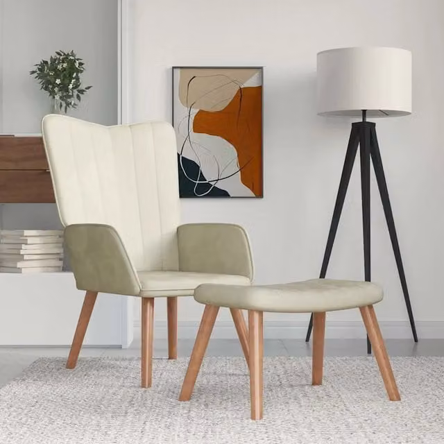 Poltrona Relax Moderna con Poggiapiedi in Velluto Bianco Crema e Struttura Mix