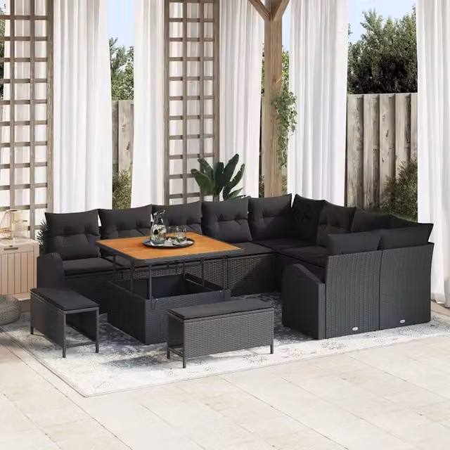 Set Divano da Giardino vidaXL in Rattan e Legno di Acacia Nero 12 Posti