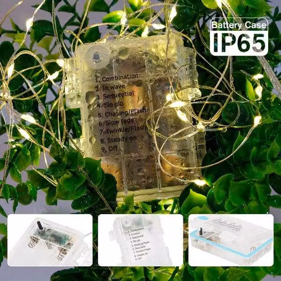 Catena luminosa LED Ibbenzoa® Warmweiß, 2 x 10 metri, 100 micro-LED – 8 modalità + telecomando, timer 6/18 ore, necessita di 3 batterie AA (non incluse), grado di protezione IP65, filo d'argento flessibile