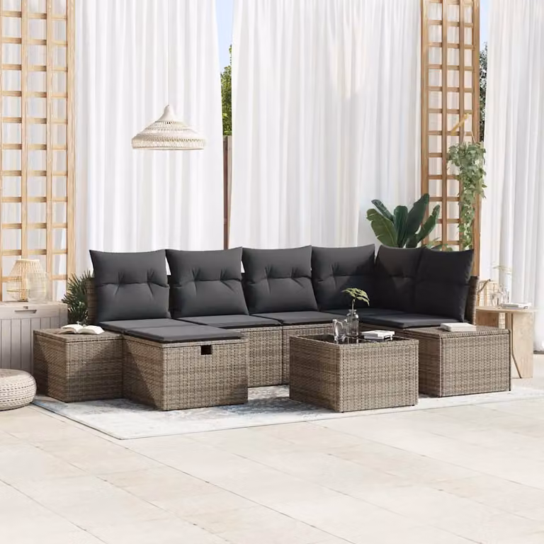 Set di divani da giardino vidaXL in rattan grigio con 7 pezzi, compresi cuscini e tavolino da esterno, design moderno a forma di L con struttura in acciaio verniciato a polvere