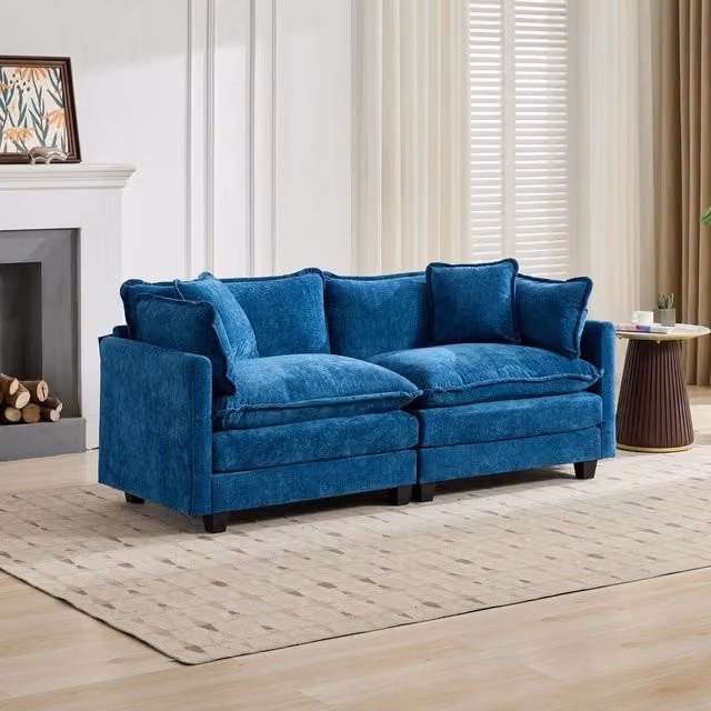 Divano 2 posti velluto blu imbottito ¨C Minimal ¨C tessuto chenille cuscini 160x90x85