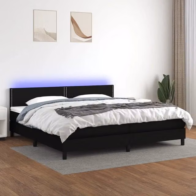 Letto con Materasso a Molle e Illuminazione LED vidaXL in Tessuto Nero, L 200 cm x P 200 cm x H 203 cm