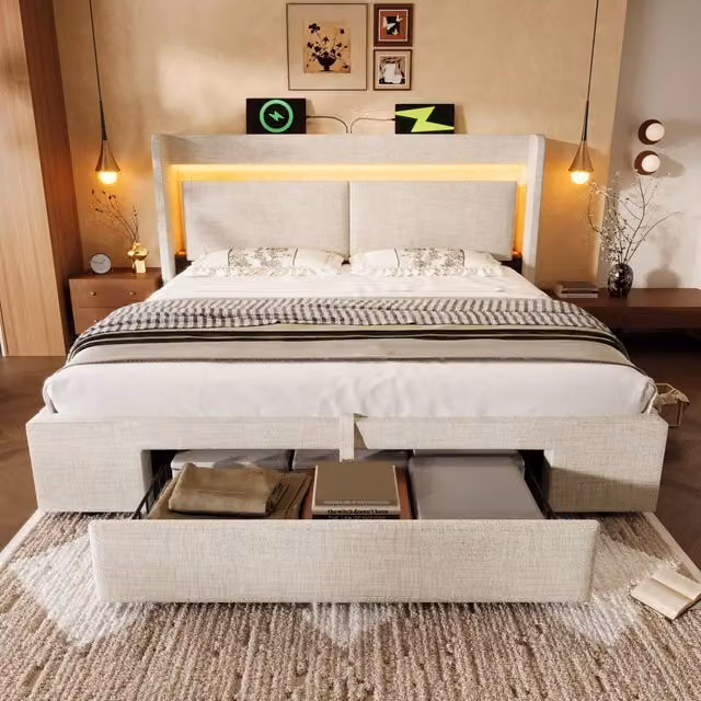 Letto matrimoniale 160x200 cm con LED; USB e USB-C; vano idraulico e cassetto; lino beige con materasso