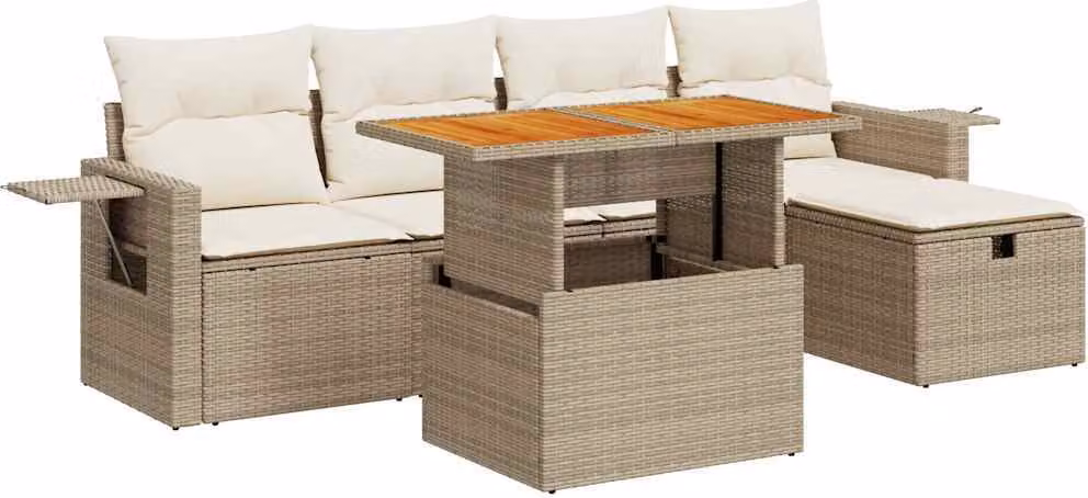 Set Divano da Giardino 6 pz con Cuscini Beige Polyrattan Acacia