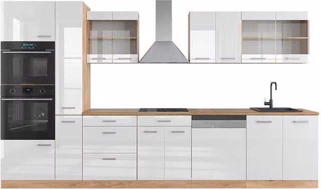 Cucina componibile moderna Vicco R-Line Bianco lucido e Rovere dorato con armadio alto, larghezza: 350 cm