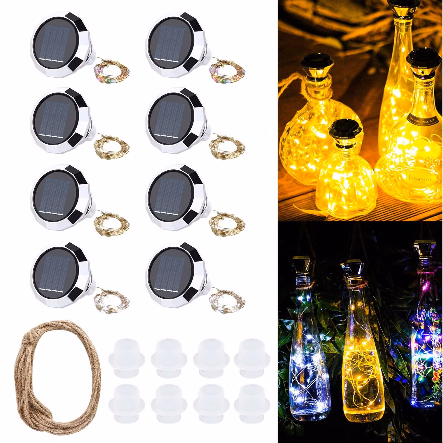 Lampade a LED per bottiglie, set da 8, 20 LED, alimentazione solare, 3 colori, ideali per decorazioni fai-da-te