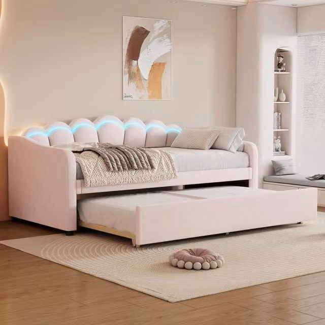 Letto Mivray con letto estraibile e illuminazione LED regolabile in velluto rosa con struttura in MDF e rete a doghe, L/P/H: 90 x 200 x 38 cm
