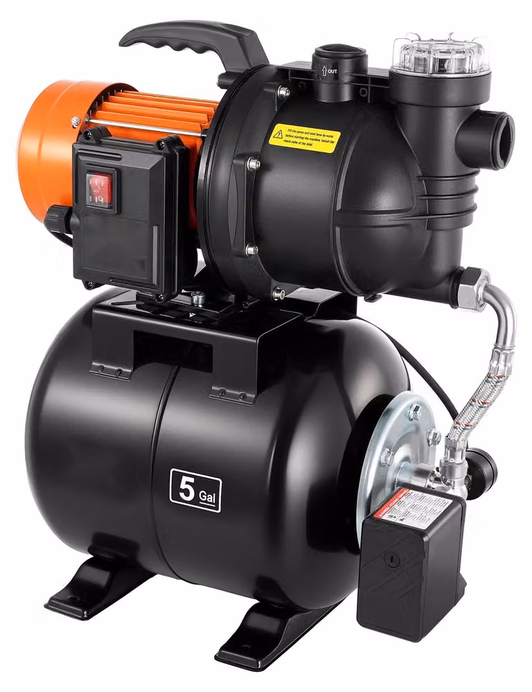 Impianto idrico domestico - Pompa a getto con serbatoio a pressione - 1,1 kW - 5300 l/h - 51 m di prevalenza - Serbatoio a pressione da 19 l - Con filtro e valvola di non ritorno - Irrigazione del giardino e approvvigionamento idrico domestico