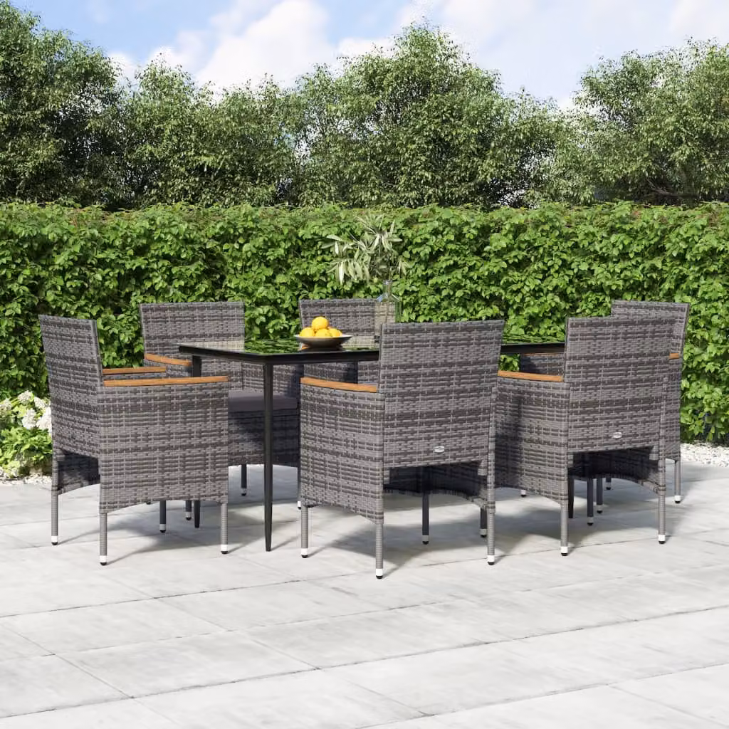Set da pranzo da giardino vidaXL in legno di acacia e acciaio con piano in vetro, 7 pezzi, grigio e nero