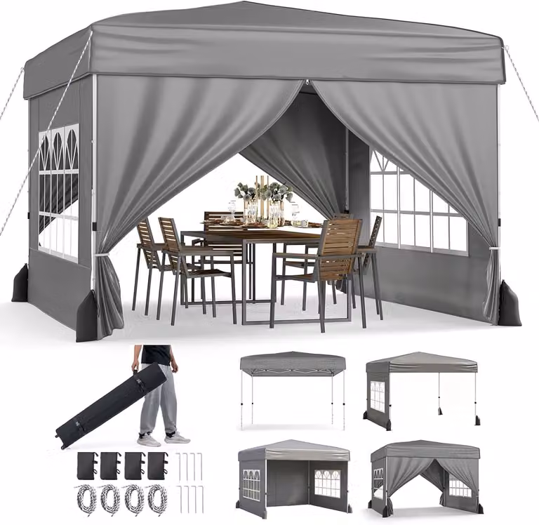 KOMFOTTEU, Gazebo pop-up 3x3 metri, impermeabile, con 4 pareti laterali e 4 sacchi di sabbia, gazebo da giardino regolabile in altezza (3 posizioni), con borsa per il trasporto, ideale per spiaggia, matrimoni e campeggio, colore grigio