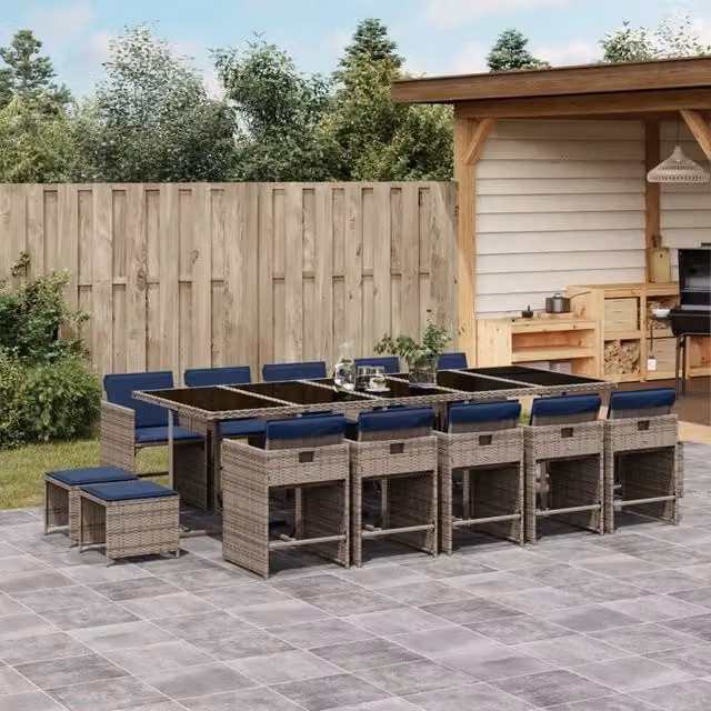 Set da pranzo da giardino vidaXL in polyrattan e legno di acacia con 15 pezzi e cuscini grigi – 1
