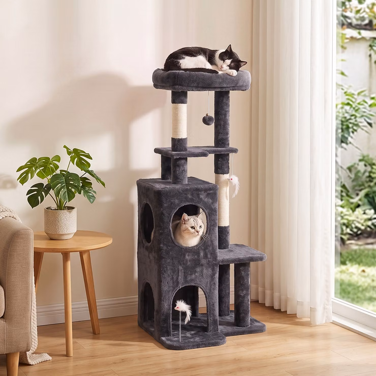 Albero Tiragraffi per Gatti PawHut con 2 Pali in Sisal, Cuccia, Casetta a 2 Livelli e Trespolo, Grigio Scuro, Altezza: 132 cm – 2