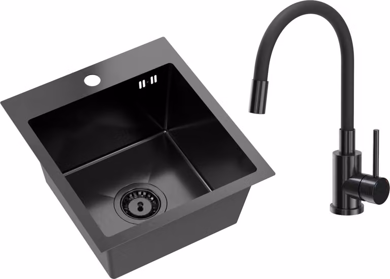 VBChome Lavello in acciaio inox con rubinetto 40 x 45 cm Nero Lavello da incasso in acciaio inox con foro per rubinetto Lavello da cucina in acciaio inox Lavello Grande vasca Set di scarico Sifone Lavello in acciaio inox Nero con rubinetto