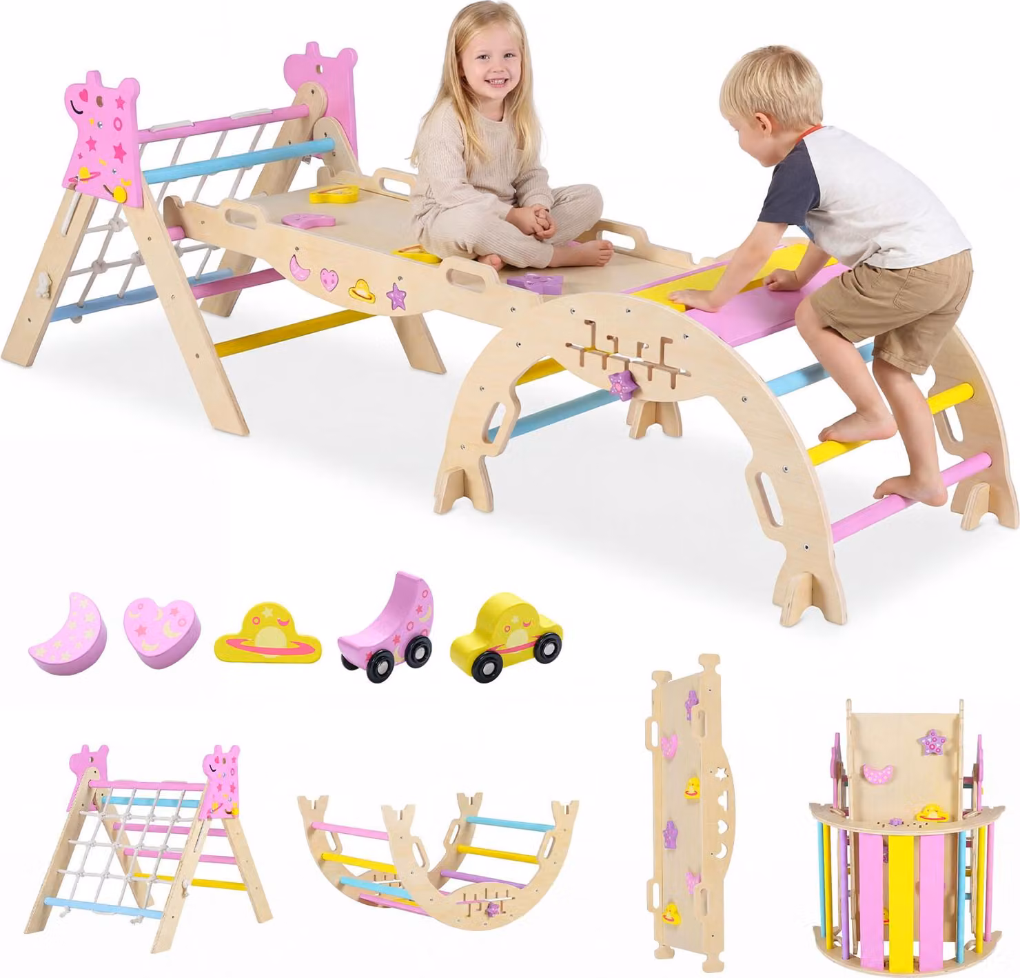Set di 3 strutture per arrampicata indoor COSTWAY, con scivolo, arco di arrampicata, rete, rampa bifacciale inclusa, set di mattoncini e 2 macchinine, per bambini dai 3 anni in su