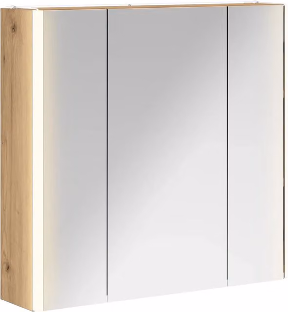 Armadio da bagno moderno con illuminazione LED e ante in vetro, finitura rovere marrone, sospeso, L: 63.5 cm, H: 60.5 cm, P: 15.5 cm – 1