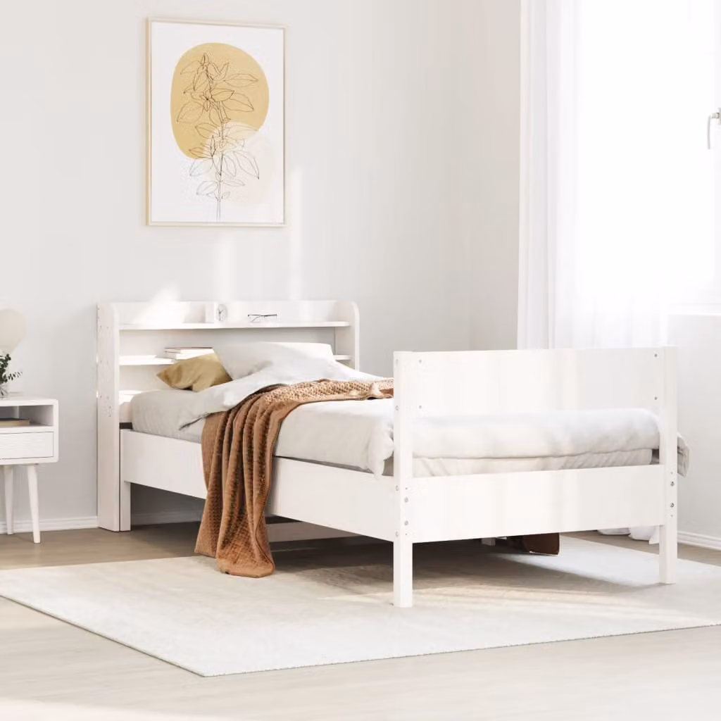 vidaXL Letto in Legno di Pino Massello Bianco con Ripiani Laterali L: 190 cm, P: 75 cm, H: 82 cm