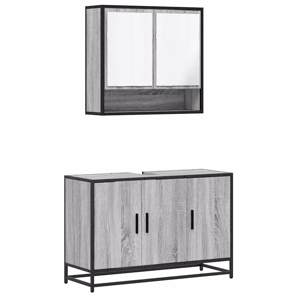 Set Mobili da Bagno Industrial vidaXL in Legno e Metallo Grigio con Armadietto Specchio e Mobile Lavabo L/P/H: 90 x 33 x 60 cm – 2