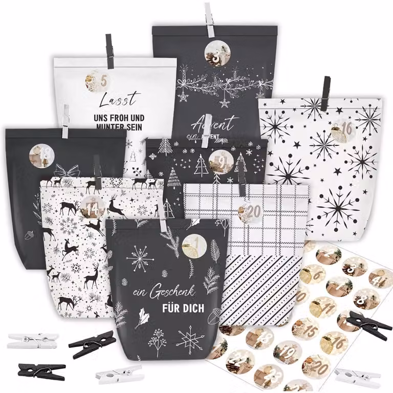 Calendario dell'Avvento con 24 sacchetti di carta, da riempire e decorare, in bianco e nero
