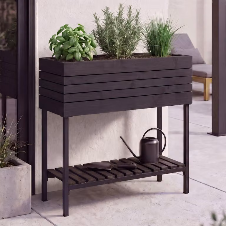 Aiuola rialzata HWC-P84, fioriera per fiori e piante, vaso da esterno in legno di acacia 79x80x31 cm ~ nero