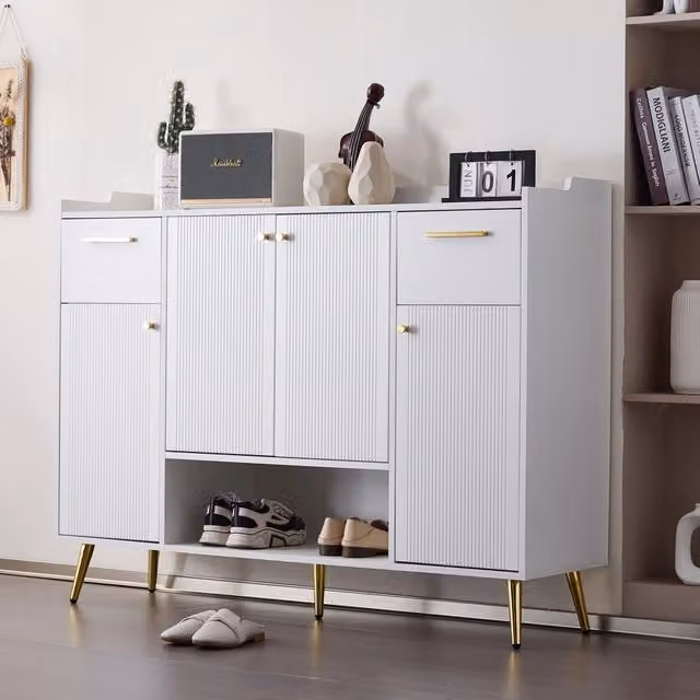 Scarpiera con 2 cassetti 4 ante e vano aperto in pannello truciolare bianco 130 × 37 × 100 cm
