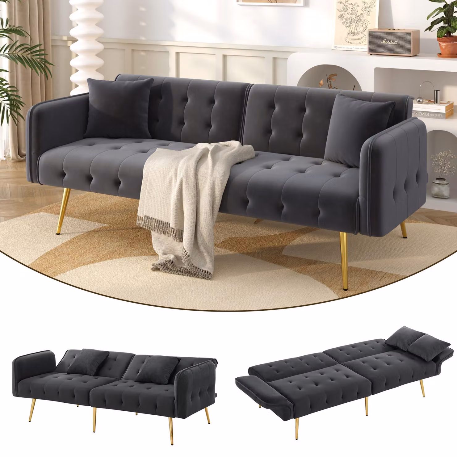 Divano-letto ZR Home a 2 posti in velluto grigio con funzione click-clack e poggiatesta regolabile, L: 178 cm, P: 82 cm, H: 70 cm – 2