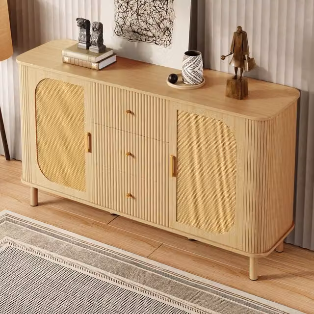 Credenza e madia con ante in rattan e cassetti ondulati con passacavi per soggiorno in MDF naturale 140 × 40 × 80 cm