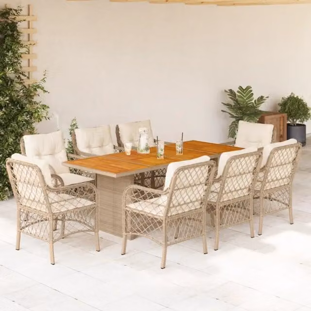 Set da pranzo da giardino vidaXL in polyrattan con cuscini beige e bianco e tavolo in legno di acacia 9 pz