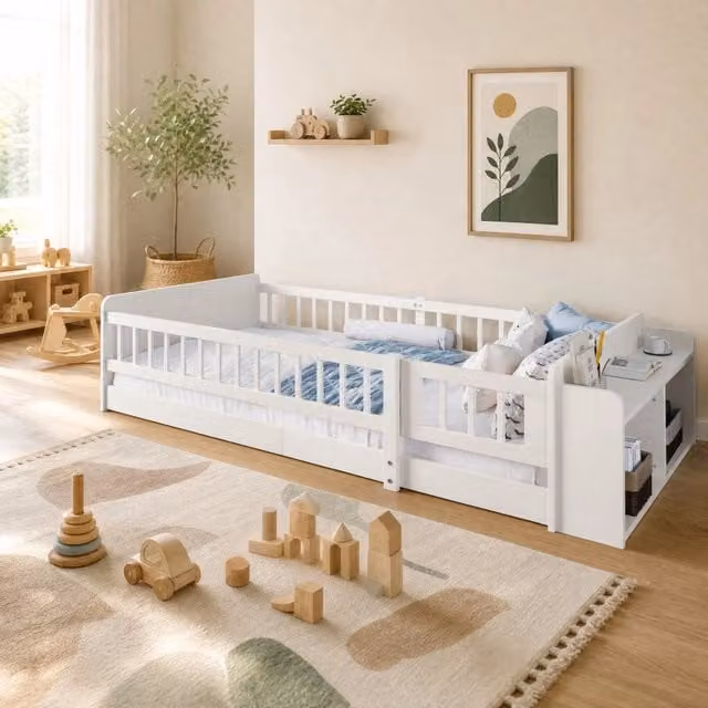 Letto singolo Mivray in legno di pino e MDF bianco con vani a giorno e barriera apribile, L/P/H: 90 x 200 x 45 cm