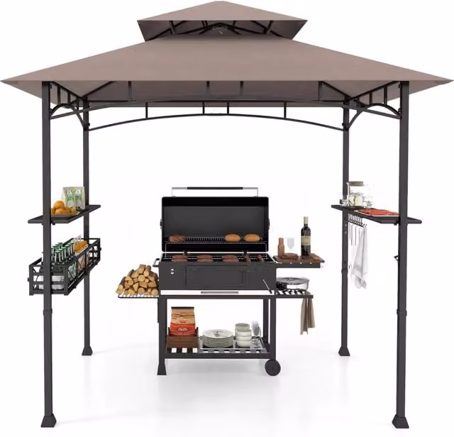 Gazebo barbecue con 2 ripiani laterali cestino ganci appendiutensili-Tendone da esterno per barbecue 242x153cm Marrone