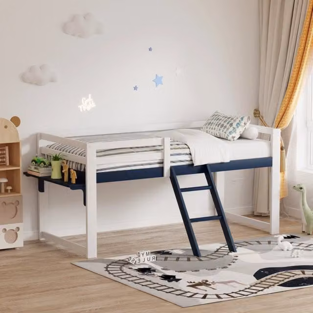 Letto a soppalco per bambini 90x200 cm in legno massello di pino, letto per bambini con sistema anticaduta, scaletta fissa e tavolino contenitore, ret