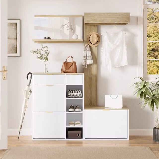 Mobile ingresso salvaspazio con scarpiera 2 cassetti panca e appendiabiti con specchio bianco naturale 130×30×174 cm