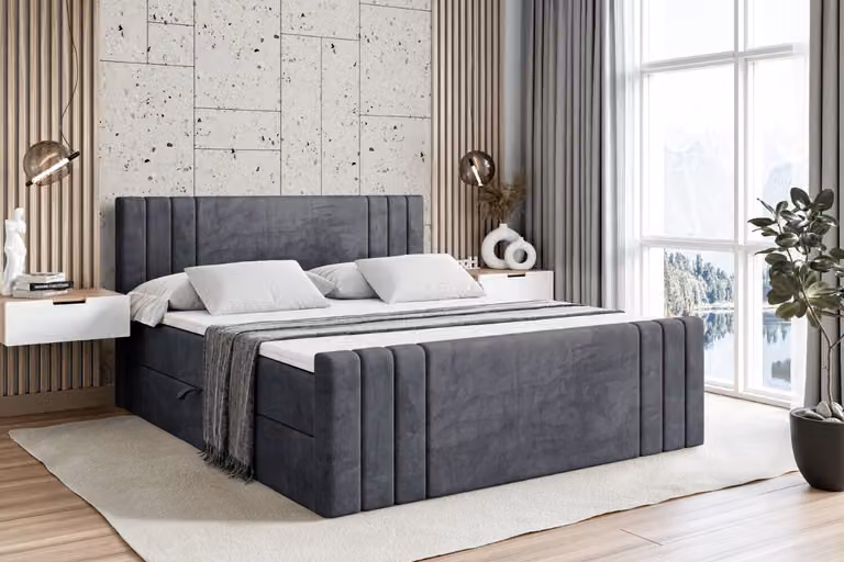 Letto boxspring ALTDECOR con pediera, materasso H4 e topper - 120x200 cm - IDRIKO-Z - Velluto grigio scuro - Letto imbottito con contenitore e rete a doghe, letto con spazio contenitivo