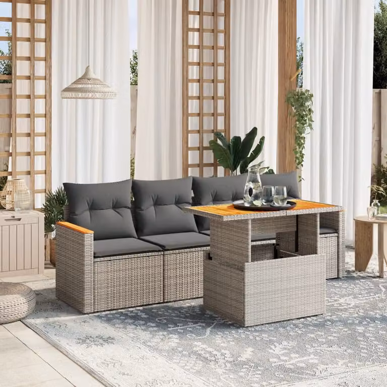 vidaXL Set Divano da Giardino 5 pz in Polyrattan Grigio con Cuscini e Tavolino