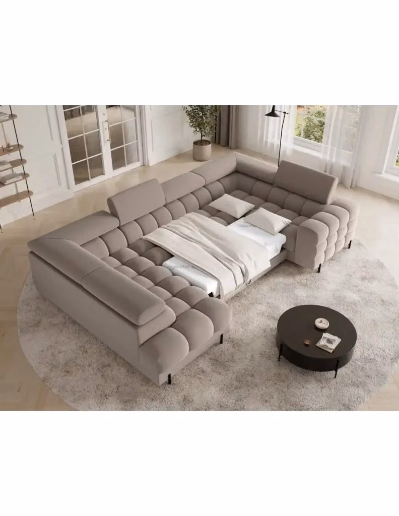 Divano panoramico convertibile FACTORY di MEUBLORAMA, modello a L con angolo sinistro, colore beige, con vano contenitore e funzione letto per adulti, L 346 cm x P 174 cm x H 93 cm – 2