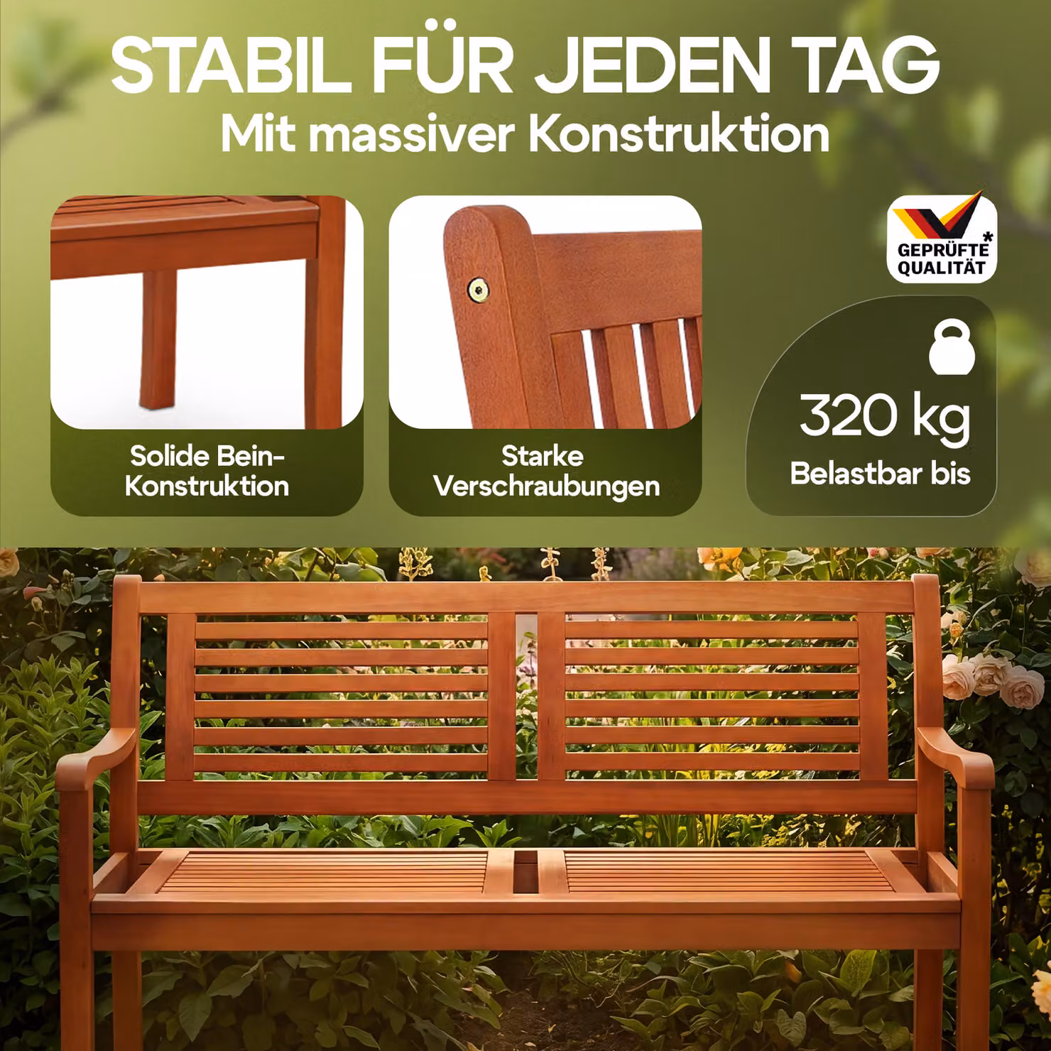 Panca da giardino Casaria in legno di eucalipto marrone con braccioli L/P/H: 120 x 56 x 88 cm – 2