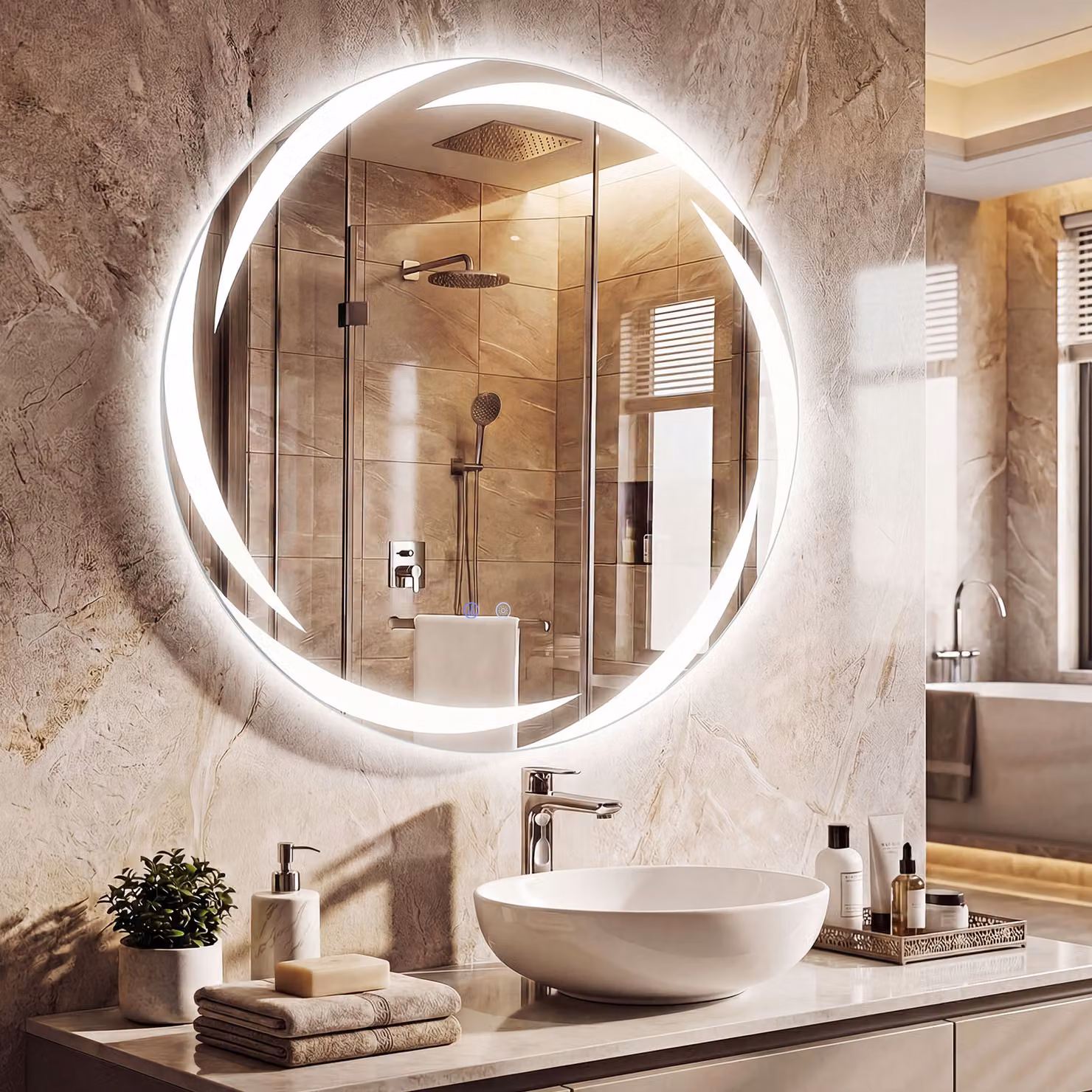 Specchio da bagno rotondo Costway con LED retroilluminato e funzione anti-appannamento, vetro temperato antideflagrante e regolazione intensità luce, Diametro: 80 cm