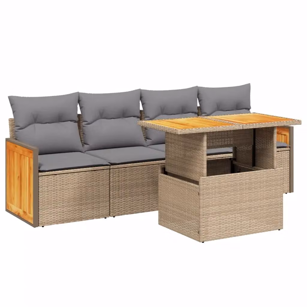 vidaXL Set Divano da Giardino 5 pz in Polyrattan con Cuscini Beige e Tavolino da Esterno – 2