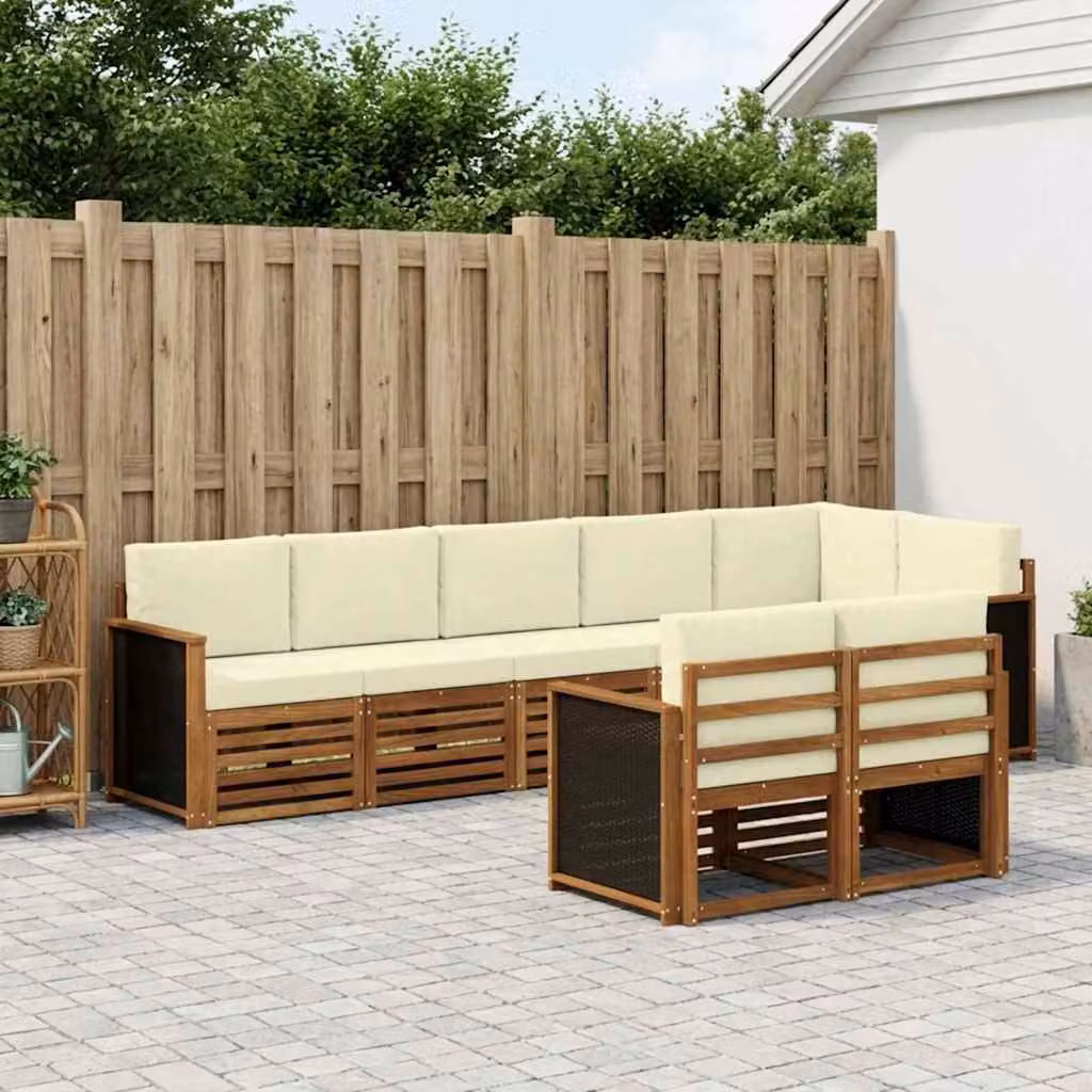 Set di divani da esterno vidaXL 7 pz in legno di acacia con cuscini, forma a L, colori marrone, bianco e beige