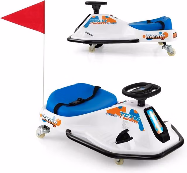 Go Kart Elettrico Drift per Bambini Costway 24V con Giro a 360°, Musica USB e Bandierine, Colore Bianco e Blu – 1