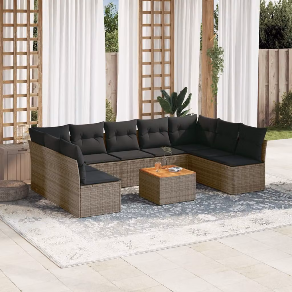 vidaXL Set Divano da Giardino a L 10 pz in Polyrattan Grigio con Cuscini e Tavolino da Esterno – 1